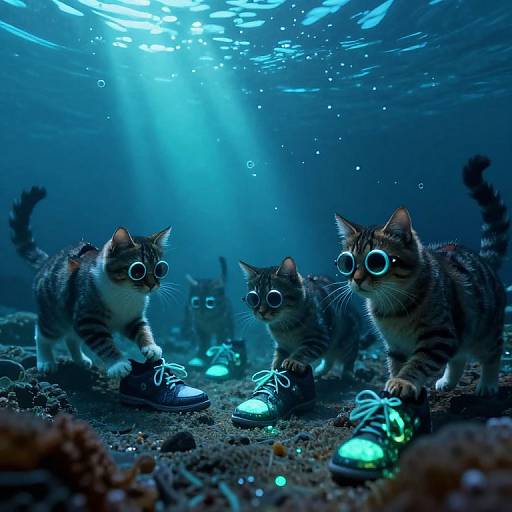 Photograph of underwater scene with four alert tabby kittens wearing glowing blue-rimmed glasses and neon sneakers, surrounded by rocks and illuminated bubbles, bath