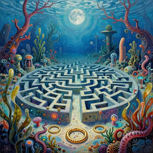 Vibrant digital artwork of an underwater maze illuminated by a glowing moon, surrounded by colorful corals, sea creatures, and psychedelic plants.