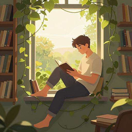 Serene Reading in Sunlit Library