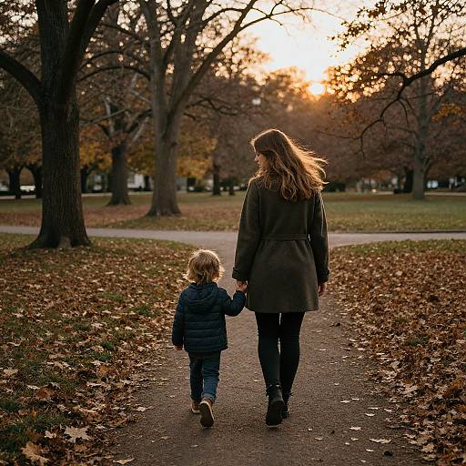 Photograph of a woman with long brown hair and a child holding hands, walking on a leaf-covered path in a park at sunset.