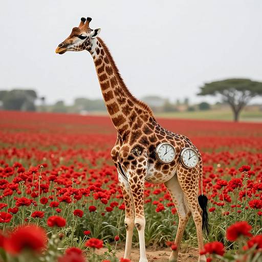Photograph of a giraffe with two clock-like patches on its side standing in a vibrant red poppy field under a clear sky.