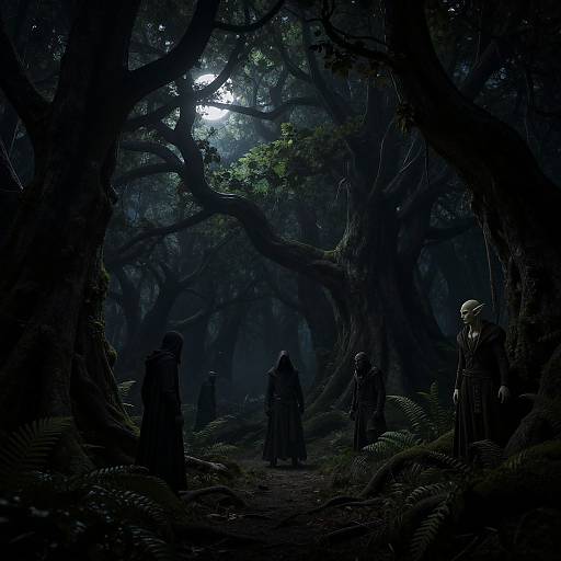 Digital art: Dark, mystical forest scene with six shadowy, cloaked figures standing under moonlit, dense trees and ferns; eerie, blue