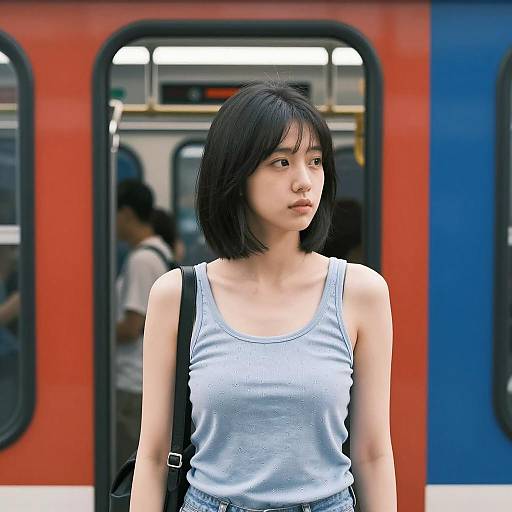 Young Woman by a Train Door