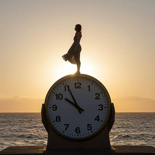 Silhouetted girl in dress stands on giant clock face at sunset, ocean in background, golden sky, clock hands pointing 10:10.