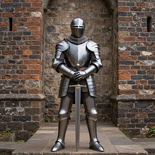 Photograph of a medieval knight in shiny silver armor, helmet, and gauntlets, standing with hands on a sword, against a brick wall arch