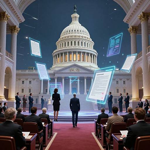 Photograph of a formal presentation in a grand, dome-ceilinged hall with illuminated floating screens, suited professionals, and an audience seated on red-car