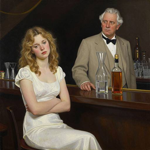 Photorealistic painting of a pensive young woman in a white dress and an older man in a beige suit behind a bar.