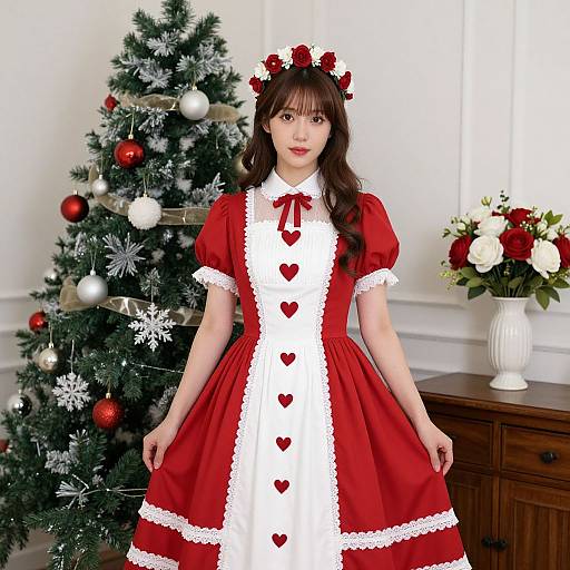 Photograph of an Asian woman in a red and white heart-patterned Christmas maid dress, standing beside a decorated Christmas tree and wooden table with a white