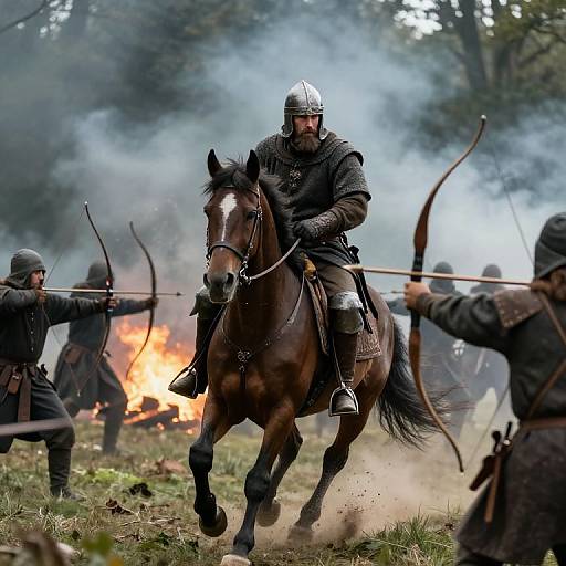 Photograph of medieval warriors in armor, with helmets, riding and arching in a forest battle, surrounded by smoke and a blazing fire.