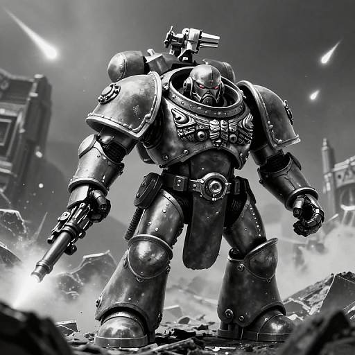 Monochrome digital art of a heavily armored, futuristic mecha warrior with a gun, standing amidst rubble with explosive light in the background.