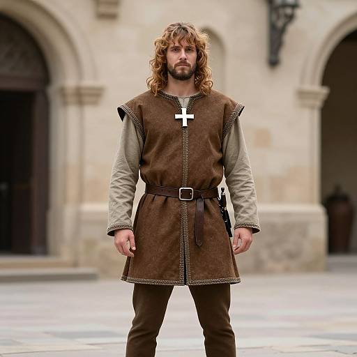 Photograph of a bearded man with wavy brown hair, wearing a medieval brown tunic with cross, beige shirt, and brown pants, standing