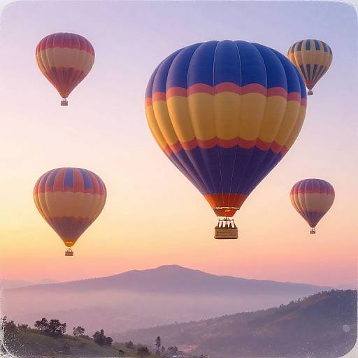 Photograph of five colorful hot air balloons floating at sunrise over a misty mountain landscape, with pastel pink, orange, and blue sky.