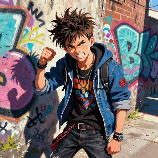 Digitally illustrated punk boy with spiky hair, blue jacket, black shirt, and necklace, clenched fist, graffiti-laden urban alleyway background