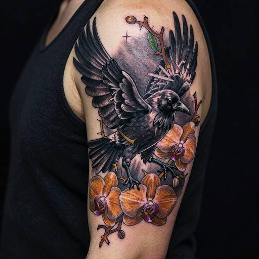 Stylized Crow and Floral Tattoo Design