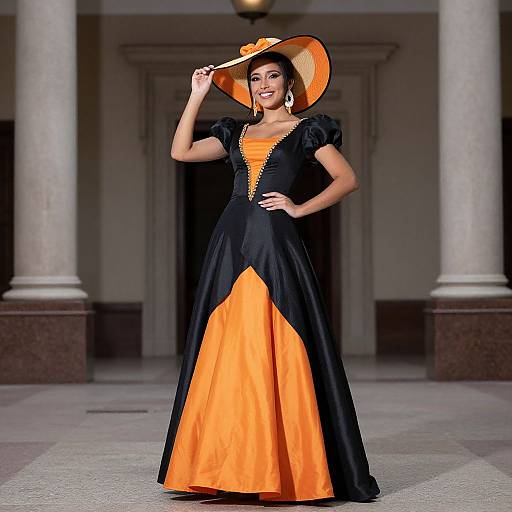 Photograph of a confident woman in a black and orange floor-length gown, wide-brimmed orange hat, standing in a grand hall with columns.