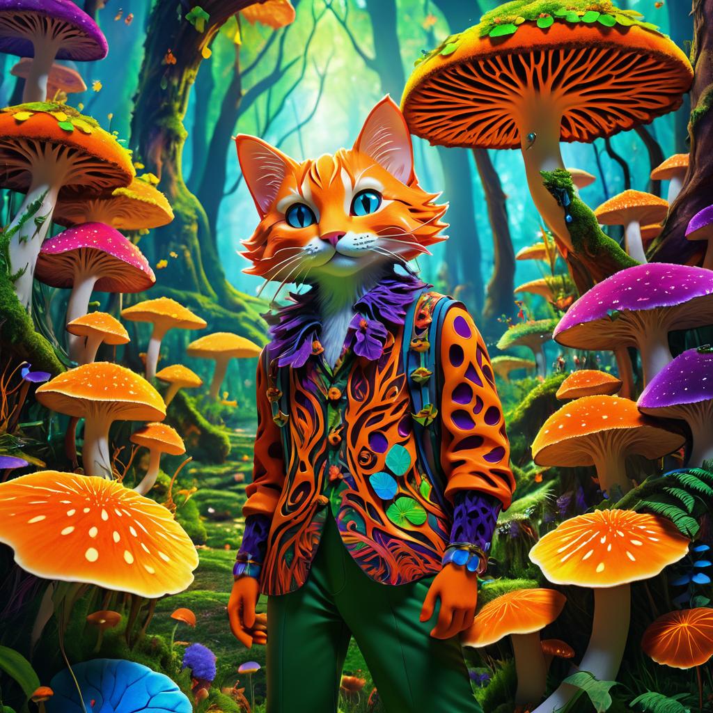 Whimsical Cat Boy in Colorful Fungi Forest