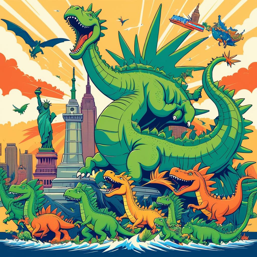 Cartoon Dinosaurs Assaulting Statue of Liberty