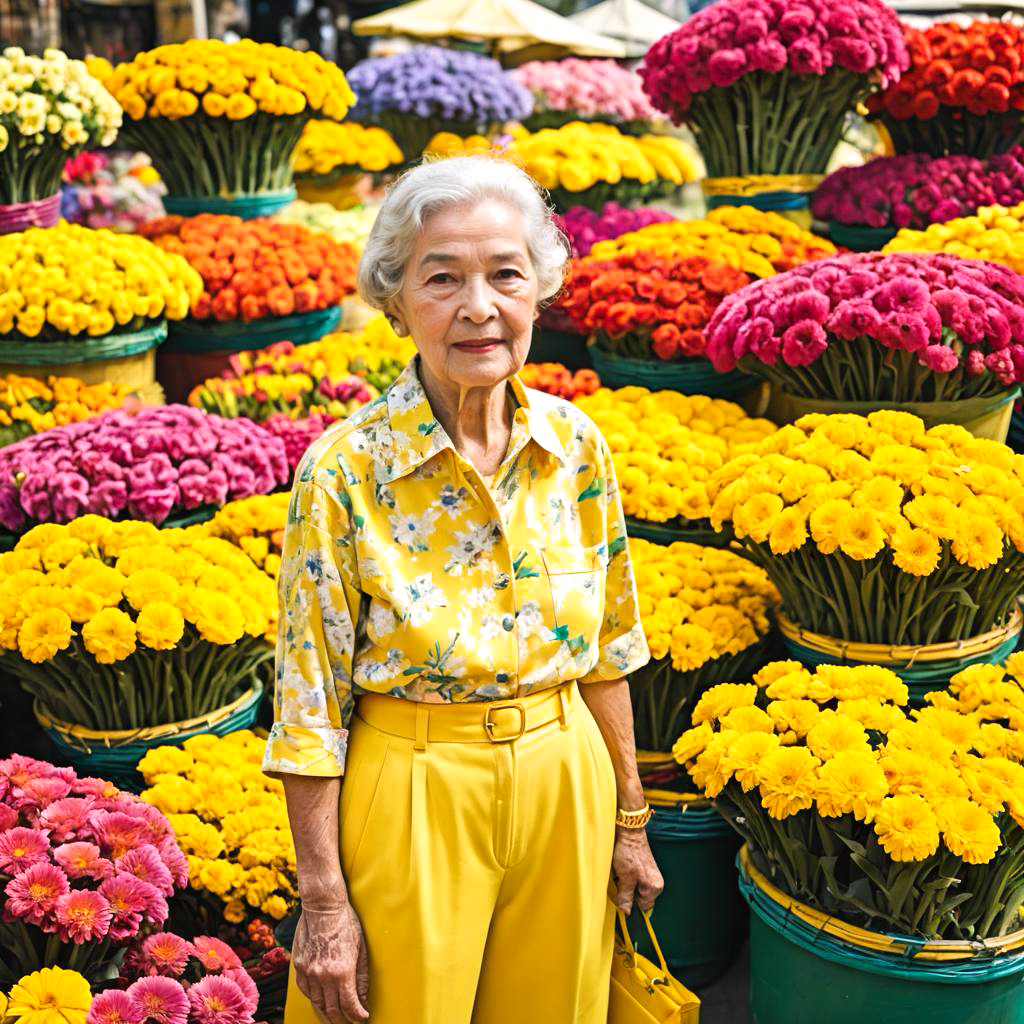 Elderly Woman in Vibrant Flower Market