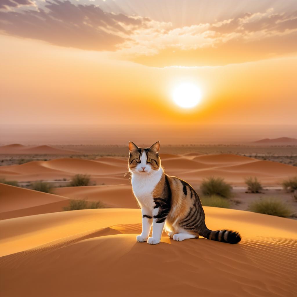 Cat Overlooking Desert Sunset Scene