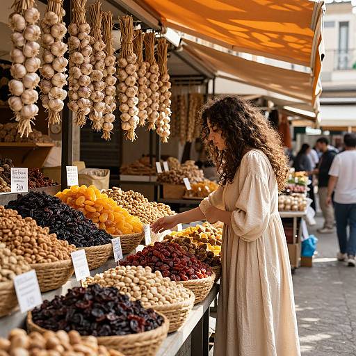 Photograph of a curly-haired woman in a white dress browsing dried garlic and assorted dried fruits at an outdoor market stall.