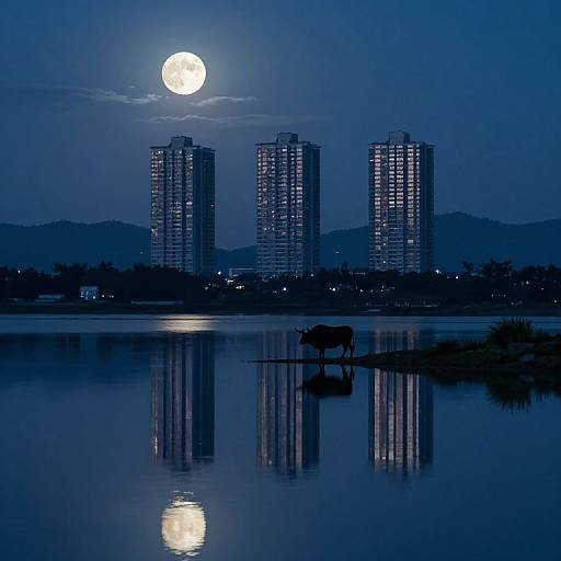 Photograph of a moonlit night with three illuminated skyscrapers, a reflective lake, and a lone cow standing on the shore.
