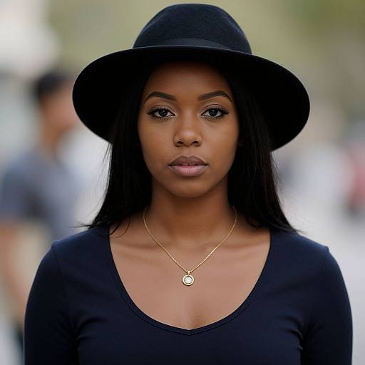 Photograph of a confident Black woman with dark skin, wearing a black hat, gold necklace, and black top, standing outdoors. Blurred background.