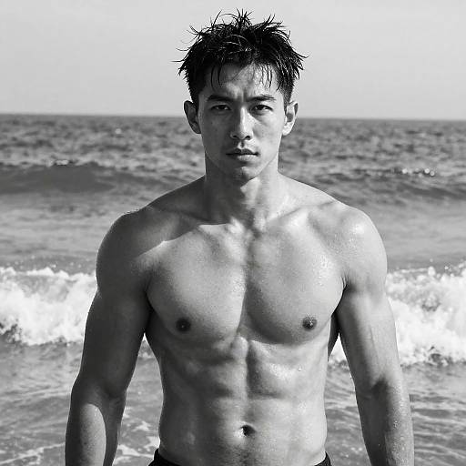 Black-and-white photograph of a muscular, shirtless Asian man with wet, spiky hair standing in the ocean waves, gazing intently at the