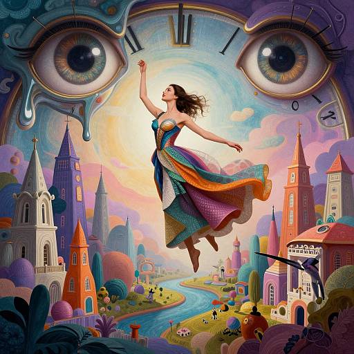 Digital surreal artwork: A dancing woman in a colorful dress rises against a dreamy, clock-eyed sky, surrounded by whimsical, pastel-colored buildings