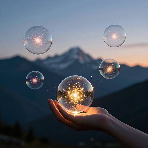 Photograph of a hand holding a glowing, sparkling bubble against a mountainous, twilight sky backdrop, with five additional bubbles floating.