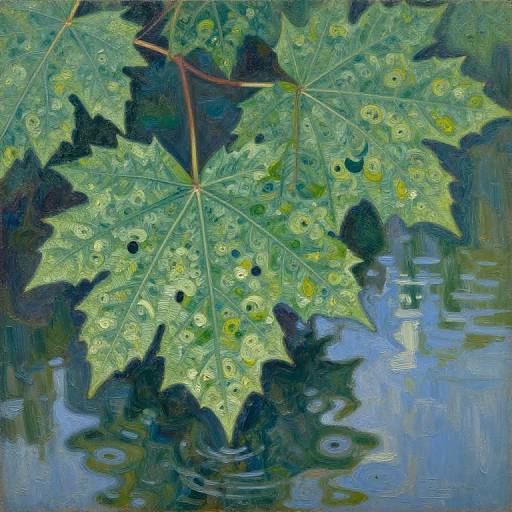 Impressionist-style painting of large green leaves with yellow spots, floating on a reflective blue water surface, featuring textured brushstrokes.