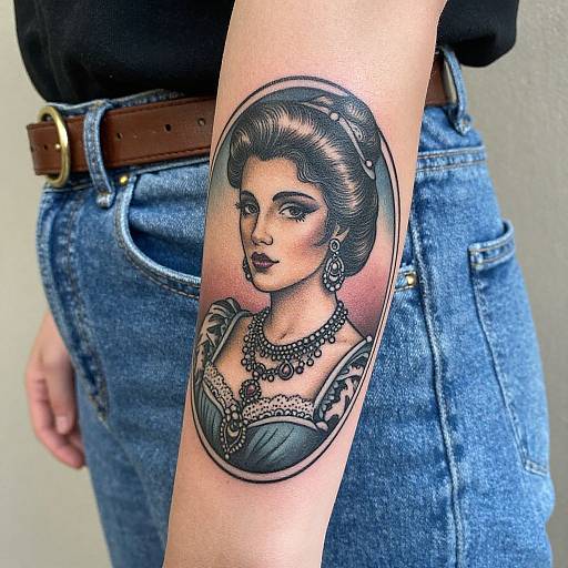 Photograph of a tattooed arm with a vintage-style portrait of a woman in an oval frame, wearing jewelry and a dress, on a person in