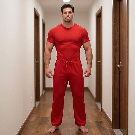 Photograph of a muscular, bearded man with short dark hair, wearing a red t-shirt and matching red pajama pants, standing barefoot in