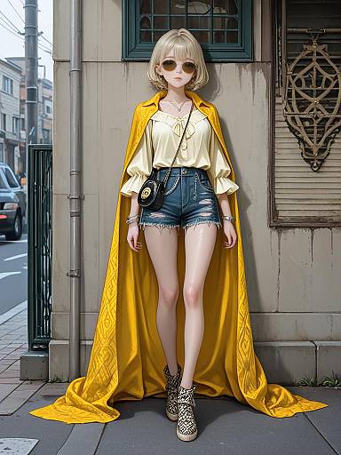 Photograph of a blonde woman in a yellow cape, yellow blouse, denim shorts, and leopard print boots, standing on a city street. Urban background