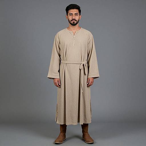 Photograph of a bearded man with short black hair, wearing a long, beige, striped robe and brown boots, standing against a plain gray background