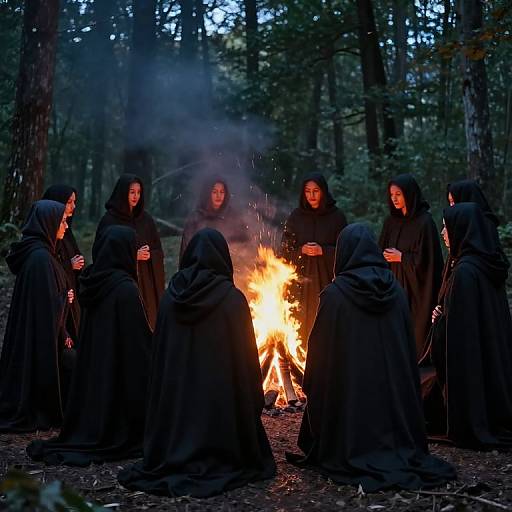 Photograph of seven hooded figures in black robes gathered around a campfire in a dark forest, with smoke rising and a calm, mysterious atmosphere.