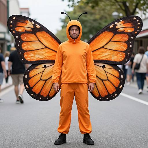 Photograph of an Asian man in an orange butterfly costume with large, vivid orange and black butterfly wings, standing on a city street, blurred pedestrians in