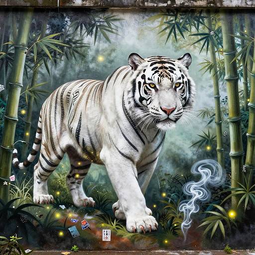 Digital artwork of a white tiger with black stripes, standing in a misty bamboo forest, surrounded by glowing fireflies and ethereal blue smoke. Artist