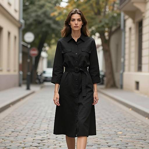 Woman in Black Dress on Cobblestone Street
