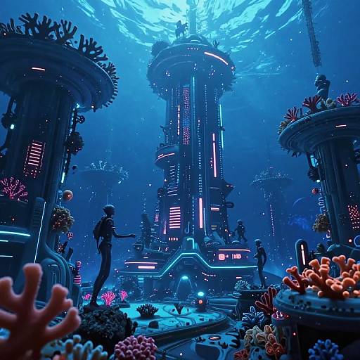 Cyberpunk underwater cityscape: Neon-lit cylindrical towers, glowing blue, surrounded by vibrant coral and marine life, with figures in dark silhou