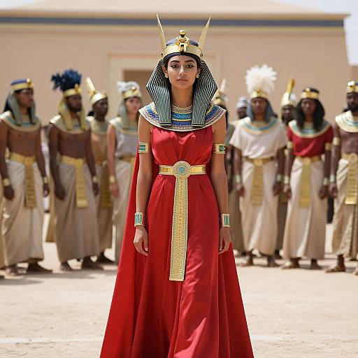 Photograph of an Egyptian queen in a red dress with gold belt, striped headdress, and gold accessories, standing in front of a line of Egyptian