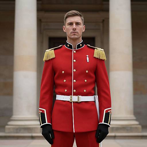 Photograph of a serious, short-haired man in a formal red military uniform with gold epaulettes, white belt, and black gloves, standing