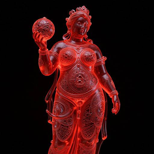 Digital CGI image of a glowing red, ornately designed, curvaceous female statue holding a spherical object, against a black background.