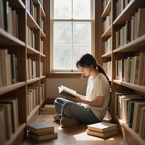 Photograph of a young woman with long black hair, wearing a white shirt and gray pants, sitting between wooden bookshelves, reading a book in