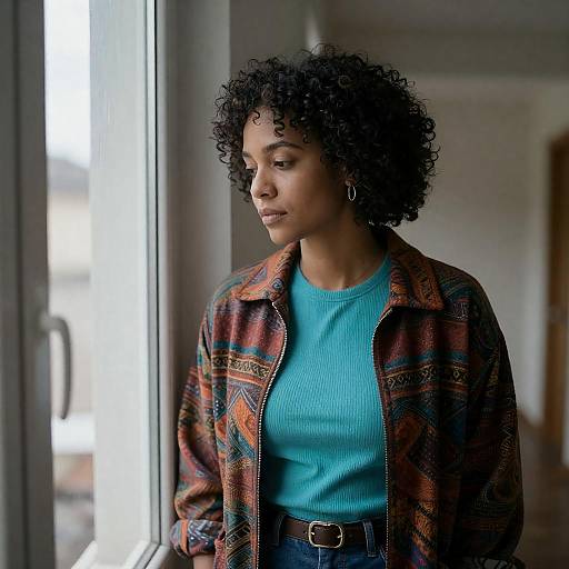 Curly-haired woman in patterned jacket by window