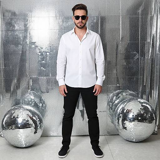 Photograph of a bearded man in a white long-sleeve shirt, black pants, and black shoes, standing in front of a silver tiled