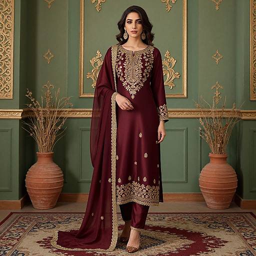Elegant Wine-Colored Embroidered Salwar Suit