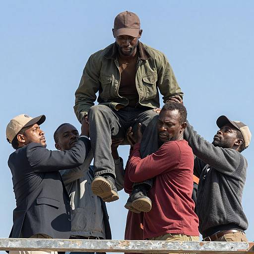 Group Lifting Man Onto Scaffold