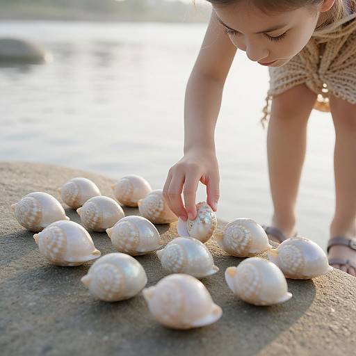 Photograph of a young girl with light brown hair, wearing a woven dress, gently touching seashells on a sunlit rocky beach.