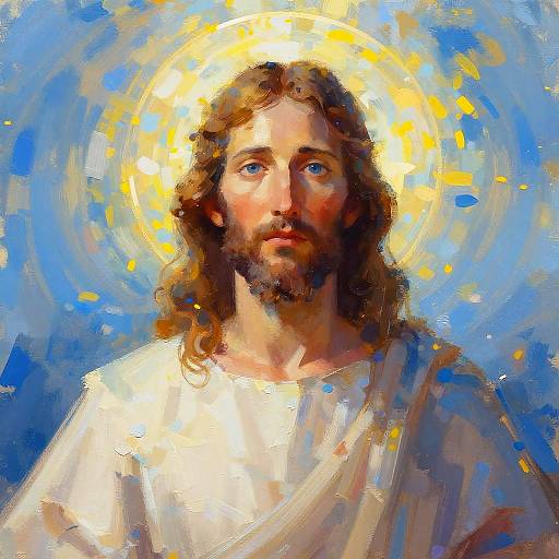 Digital painting of Jesus with blue and yellow halo, brown wavy hair, beard, and white robe, set against a vibrant blue background.