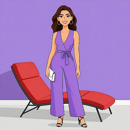 Digital illustration of a smiling woman with wavy brown hair in a purple jumpsuit, standing next to a red chaise lounge against a purple wall.